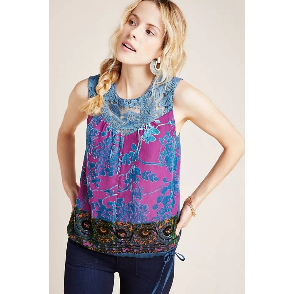 Tiny Anthropologie Mika Lacy Floral Burnout Velvet Lace Tank Top Purple Size S